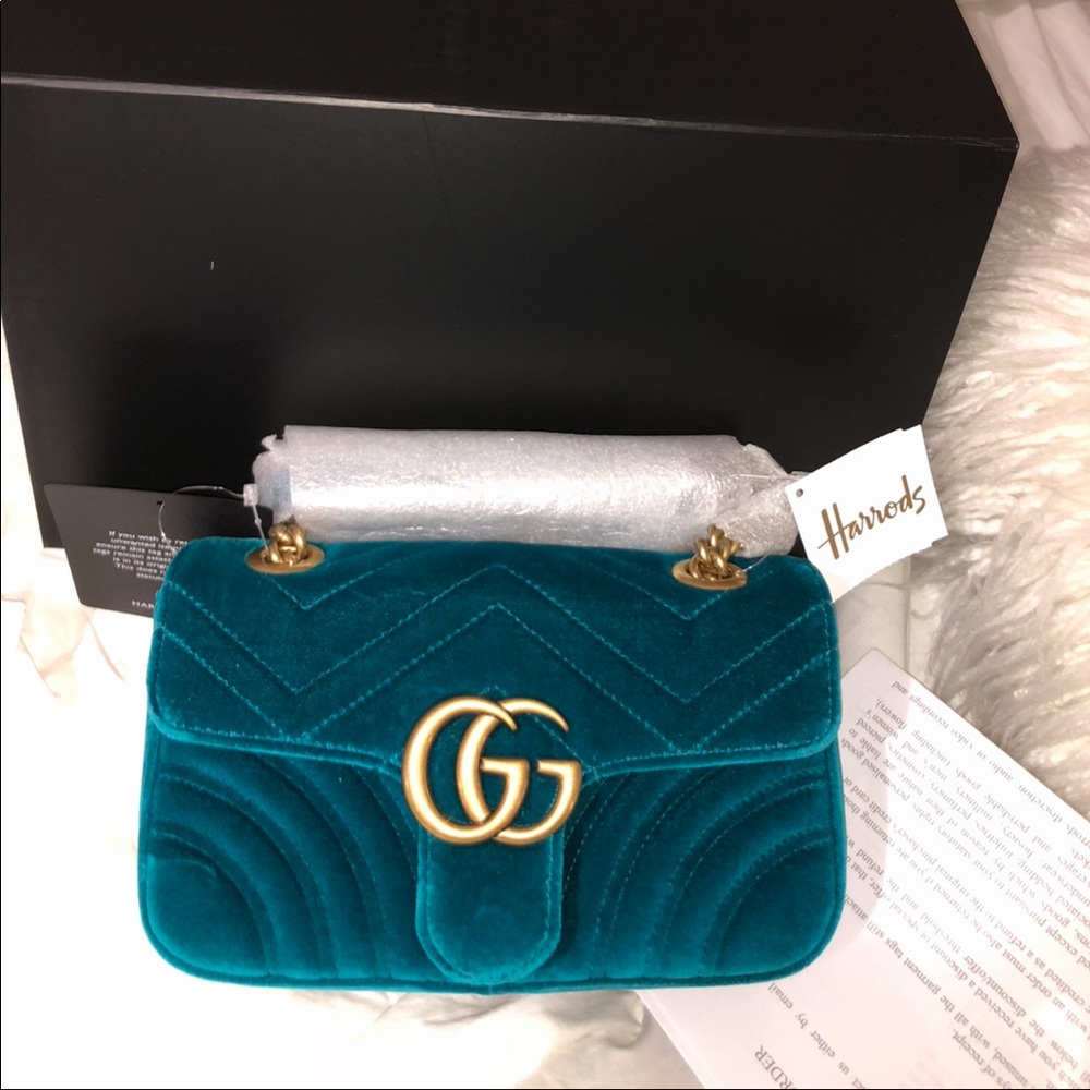 Gucci Teal Velvet Marmont Small Shoulder Bag with Gold Hardware - Picture 13 of 13